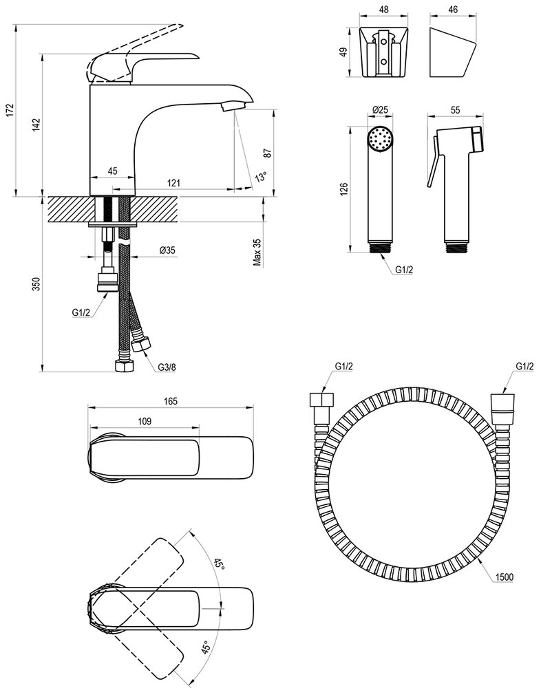 Mitigeur de lavabo sur pied avec bidet Flat, sans bonde